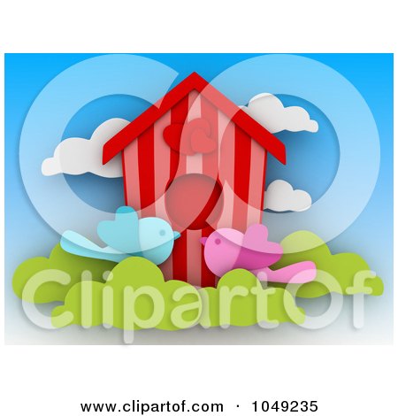 Royalty-free clipart picture of a 3d heart bird house with two love birds.