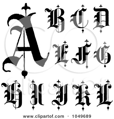 old english abc letters A through L on a white background