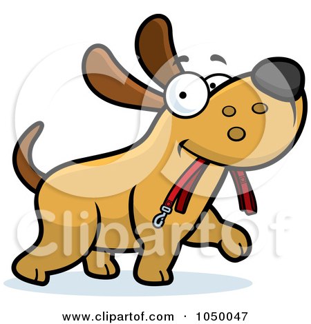 Royalty-free clipart illustration of a dog walking with a leash in his mouth 