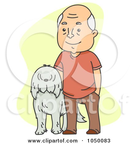 Royalty-free clipart illustration of a senior man standing with his dog, 