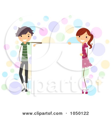 Royalty-free clipart illustration of stick kids standing by a blank board, 