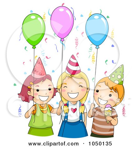 Royalty-free clipart illustration of kids with balloons and ice cream at a 