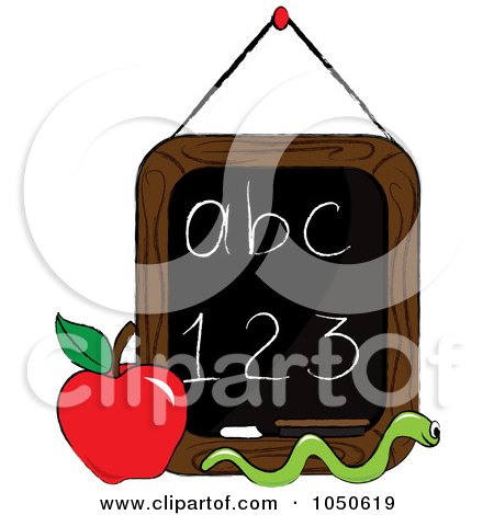 Royalty-free clipart picture of a worm and apple in front of a letter and 