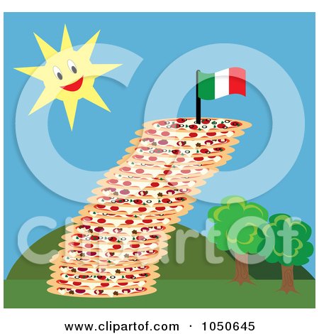 Royalty-free clipart picture of a leaning tower of pizza and Italian flag.
