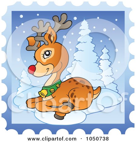 Royalty-free clipart picture of a christmas postage stamp of rudolph resting 