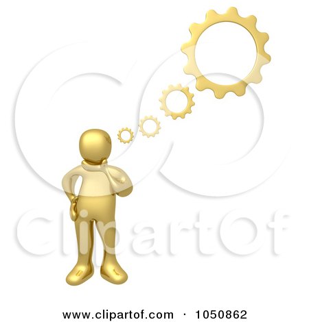 Royalty-free clipart picture of a 3d gold man thinking with gears, 