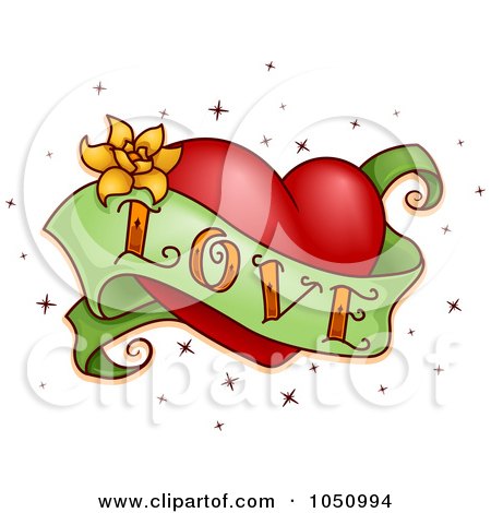 Vector Clip Art Illustration of a Green Love Banner And Red Heart Tattoo