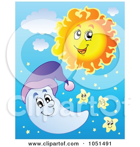 Royalty-free clipart illustration of a happy sun, moon and stars in the sky.