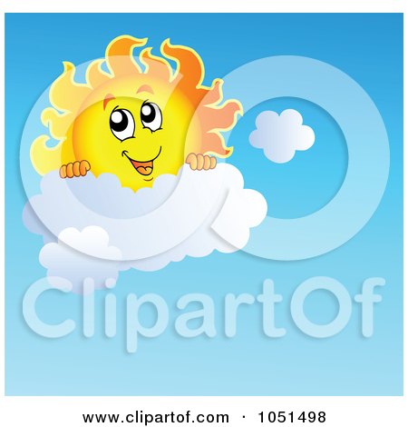 Royalty-free clipart illustration of a happy sun looking over a cloud.
