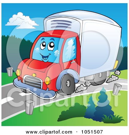 Royalty-free clipart illustration of a delivery truck driving down a road.