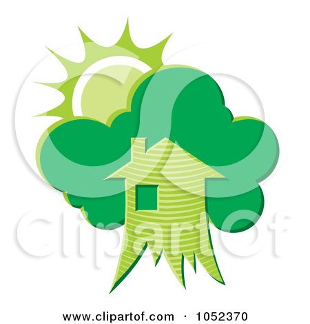 Royalty-free clipart illustration of a green tree house with the sun, 
