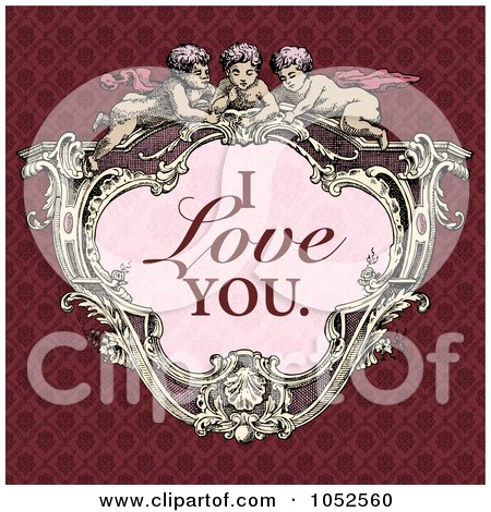 Royalty-free clipart illustration of a victorian cupid frame with i love you 