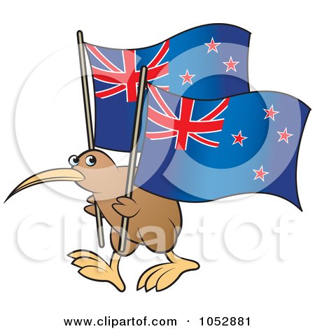 Royalty-free clipart illustration of a kiwi bird with New Zealand flags, 