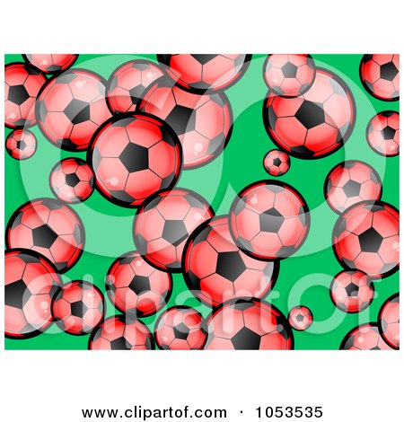 soccer ball pattern. Red Soccer Balls On Green
