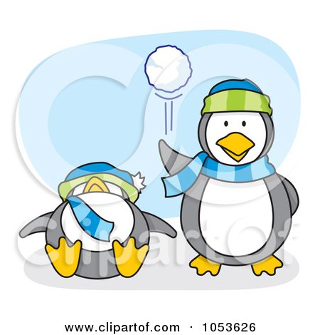 Royalty-free clipart illustration of a cartoon penguin throwing a snow ball, 
