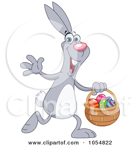 Vector Clip Art Illustration of a Gray Rabbit Doing An Easter Egg Hunt