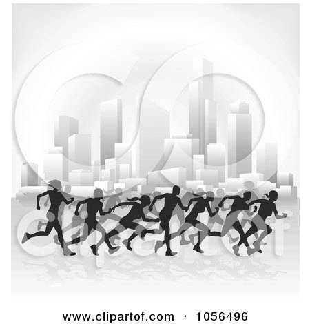 Royalty-Free Vector Clip Art Illustration of Silhouetted Runners Racing Through A City by Geo Images