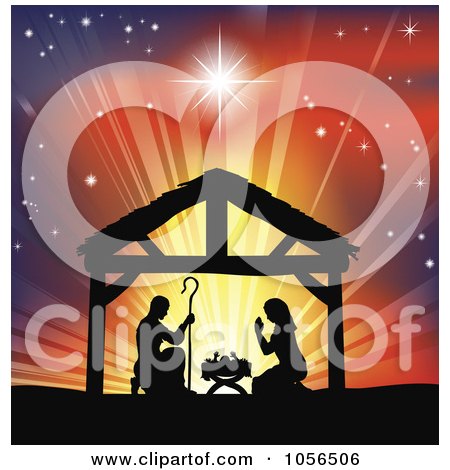 Christmas Decorations on Silhouetted Christian Christmas Nativity Scene Against A Colorful