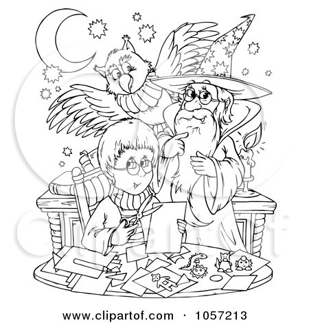  Coloring Pages on Art Illustration Of A Coloring Page Outline Boy Wizard And Owl