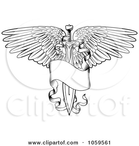 Illustration of a Black And White Winged Sword And Banner Tattoo Design