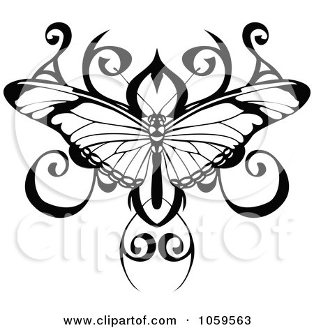  Clip Art Illustration of a Black And White Butterfly Tattoo Design by