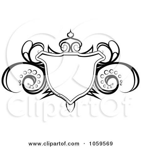 Clip Art Illustration of a Black And White Swirl And Shield Tattoo