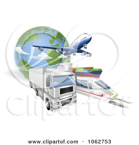 Small Aircraft on 3d Big Rig Train Cargo Ship And Airplane With A Globe By Geo Images