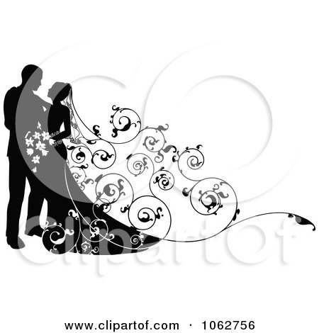 Clipart Silhouetted Wedding Couple With A Floral Train Royalty Free Vector