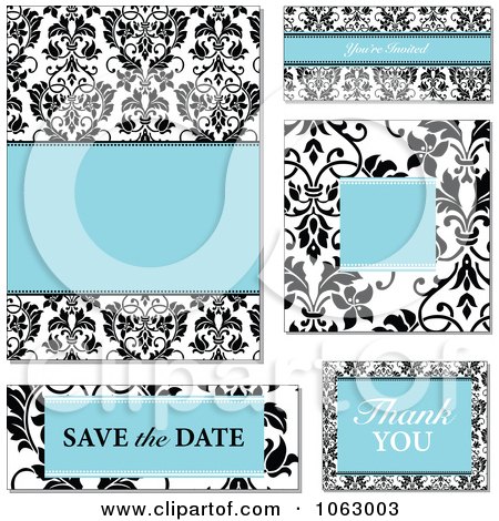 Clipart Blue And Black Damask Wedding Design Elements Digital Collage 