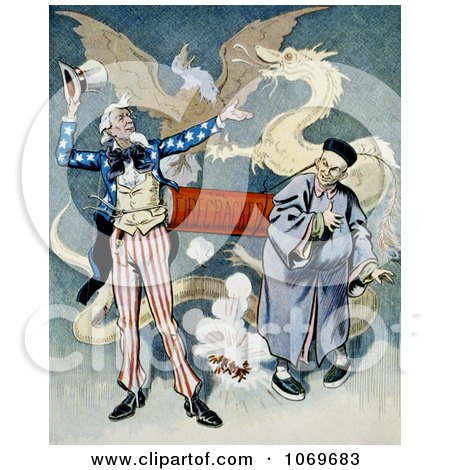США вновь и вновь терпят поражения 1069683-Clipart-Of-Uncle-Sam-And-A-Chinese-Man-Connected-To-A-Firecracker-With-Dragon-And-Eagle-In-Background-Royalty-Free-Historical-Stock-Illustration