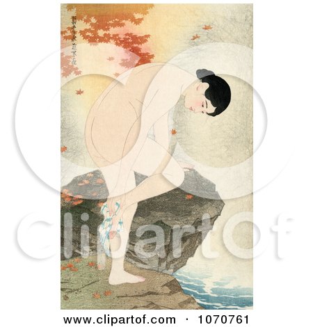 Autumn Maple Leaves Around A Nude Asian Woman Bathing Her Feet Over A Stream