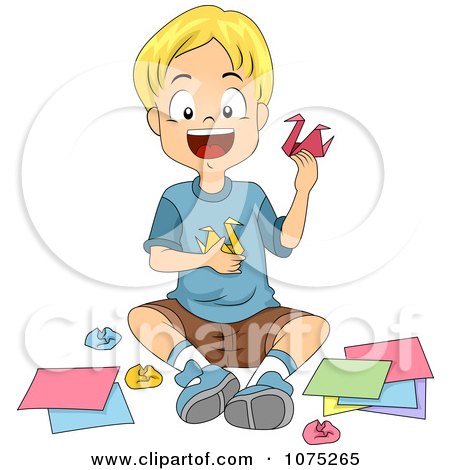 Preview Clipart   Happy School Boy Making Origami Swans In Art Class by BNP