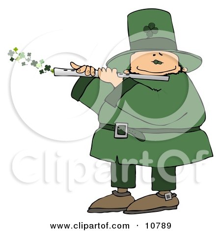 Happy Leprechaun Playing a Four Leaf Clover Flute on St Paddy's Day Clipart