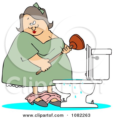 Clipart Outlined Woman With A Plunger Over A Clogged Toilet - Royalty