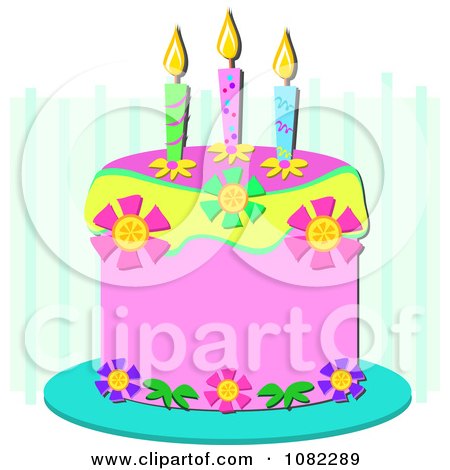 Pink Birthday Cake on Pink Birthday Cake With Candles And Floral Elements On Blue     By