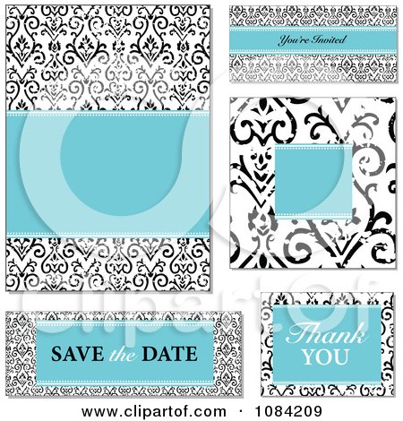 Blue And Distressed Black And White Victorian Pattern Wedding Invitation