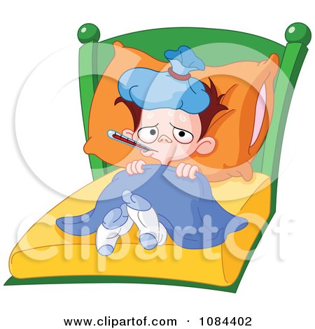 Clipart Sick Boy With A Fever Laying In Bed - Royalty Free Vector ...