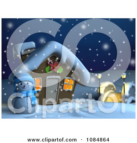 Designhouse on Clipart 3d Snowman And Christmas House On A Snowing Winter Night
