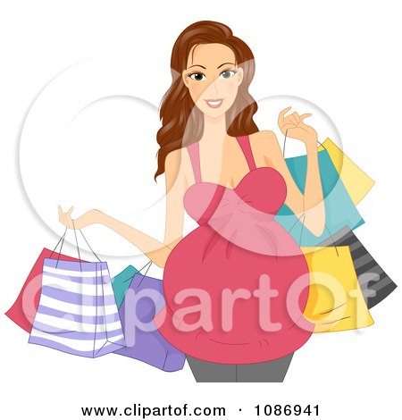 Clipart Brunette Pregnant Woman Carrying Colorful Shopping Bags - Royalty Free Vector Illustration by BNP Design Studio