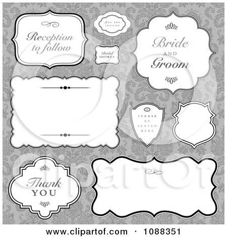 Free Vector Labels on Vintage Wedding Label Frames Over Gray Damask   Royalty Free Vector