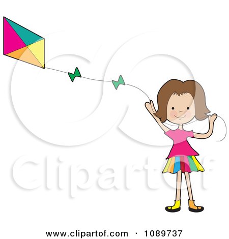 Clipart Girl Waving And Flying A Kite - Royalty Free Vector Illustration by