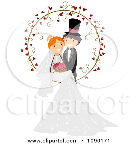 1090171 Clipart Wedding Couple Posing In A Heart Vine Ring Royalty Free Vector Illustration