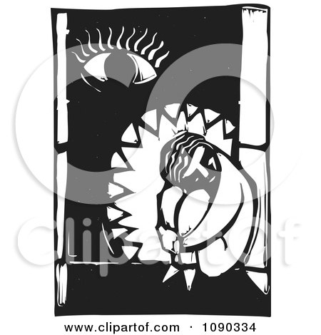 Clipart Sad Person Curled Up In A Window With An Eye Black And White Woodcut