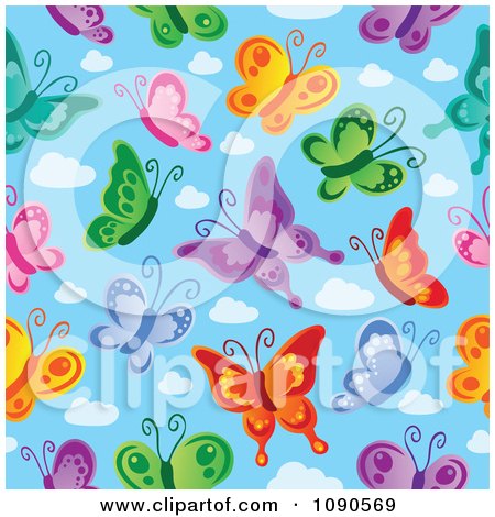 Colorful Butterflies on Clipart Seamless Colorful Butterfly And Blue Sky Background   Royalty