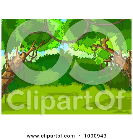 Clipart Green Lush Jungle Background With Vines And Trees - Royalty Free