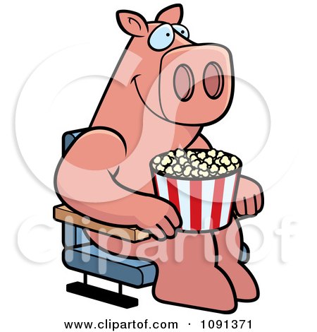 Movies  Theater on Clipart Happy Pig With Popcorn At The Movie Theater   Royalty Free