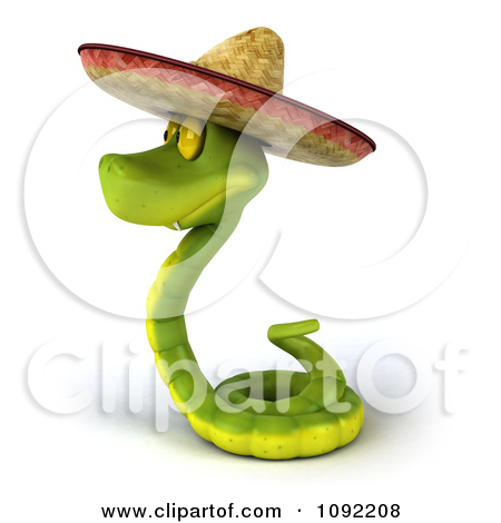 3d Green Snake Wearing A Mexican Sombrero 3
