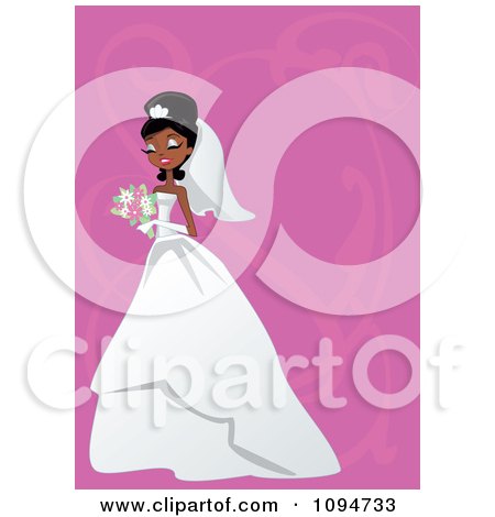 Gorgeous Black Or Indian Bride Holding Her Bouquet Over Pink With Swirls And