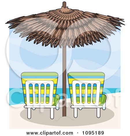Beach Chairs on Beach Lounge Chairs Under A Straw Umbrella Facing Towards Th    By