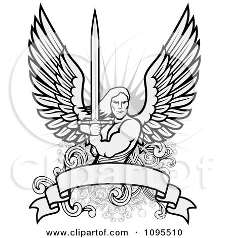 Clipart Male Angel Warrior Holding A Sword Over A Blank Banner Royalty 